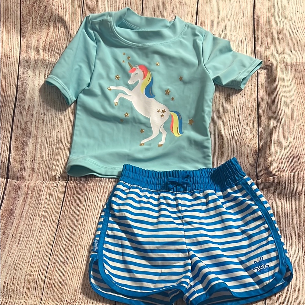Blue Swim Set with Unicorn Design and Ruffled Shorts